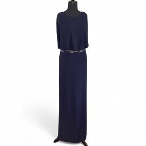 Betsy Adam Navy Evening Gown Sz 6 Bateau Neckline Beaded Waist Sleeveless Maxi